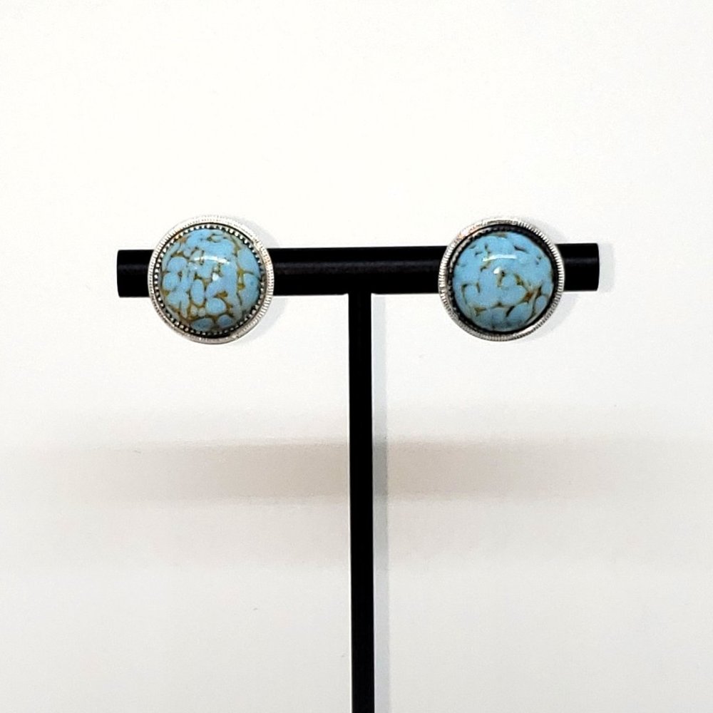 Vintage Blue Turquoise Silver Round Stud Earrings - Picture 5 of 7